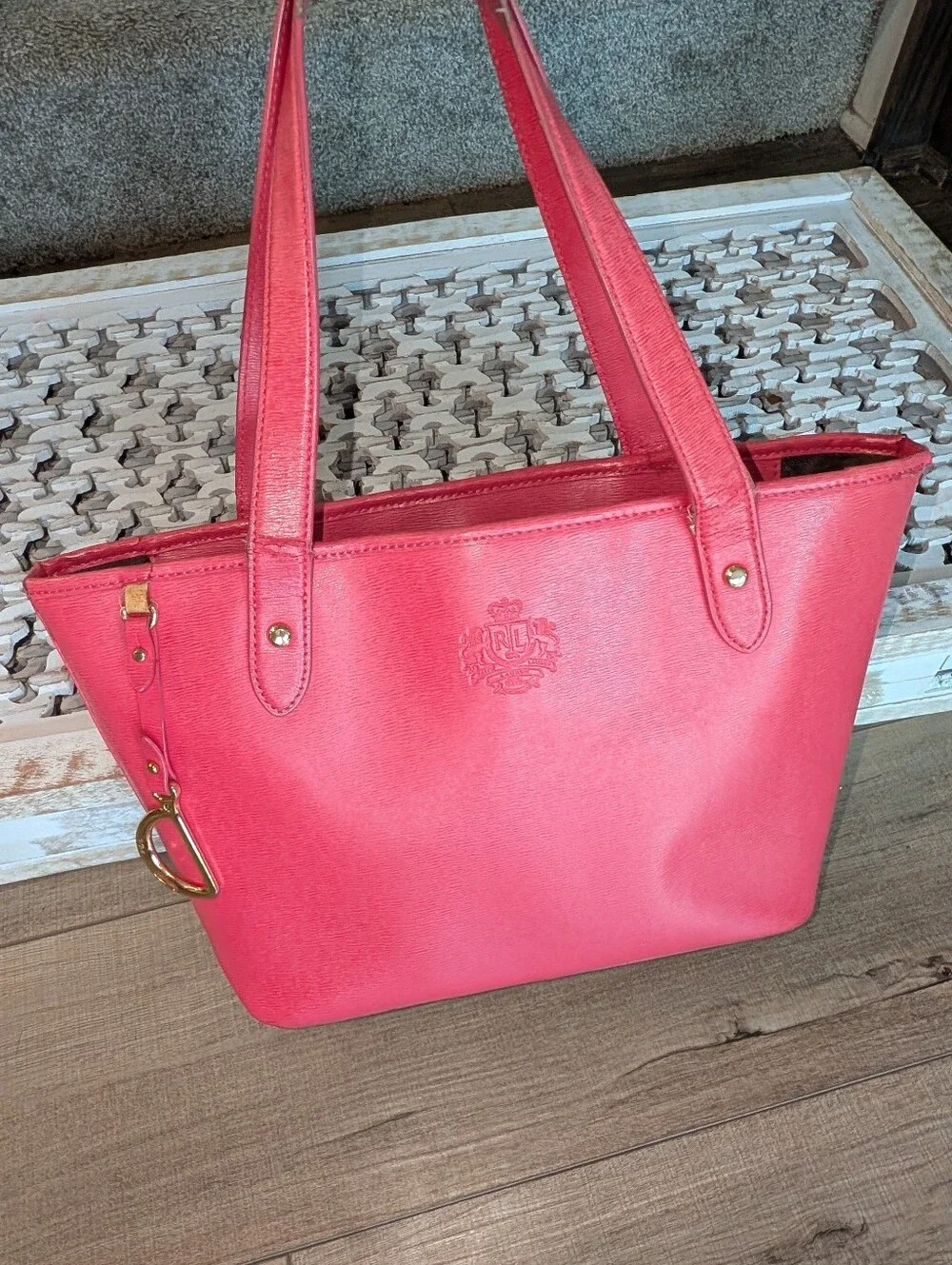 Ralph Lauren Coral Pink Leather Tote with Gold Accents